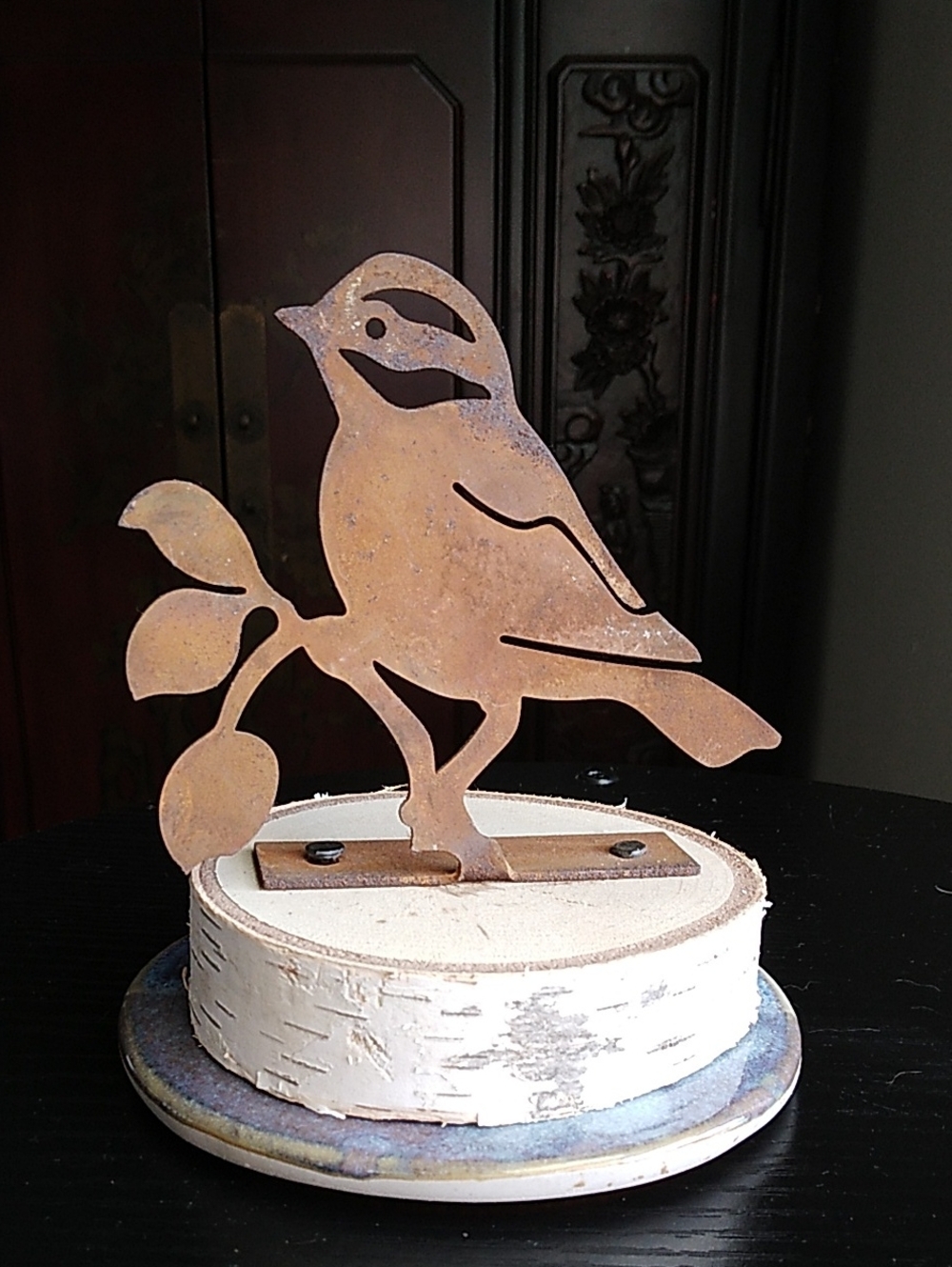 Rustic Brown Metal Bird Cut Out On Birch Tree Base